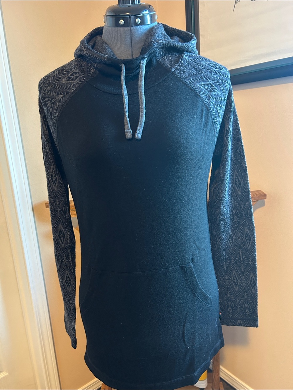 Black Hooded Pullover Sweater with Patterned Sleeves